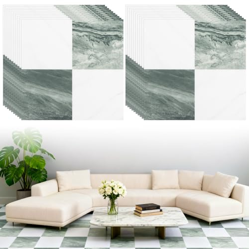 CYEER PVC Bodenfliesen Selbstklebend 30 x 30 cm, 20 Stück Vinylboden 0,7 mm, Grün-Weiß Marmormuster, ca. 1,8 m² Bodenbelag für Küche, Flur, Gäste-WC und DIY Renovierung