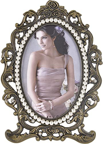 ChezMax Vintage Picture Photo Frames - 3x5 Ellipse Rose Antique Picture Frame, Retro Metal Ornate Flower Frame with Glass, Tabletop and Wall Hanging Home Decor, Decorative Gallery Art Photo Display