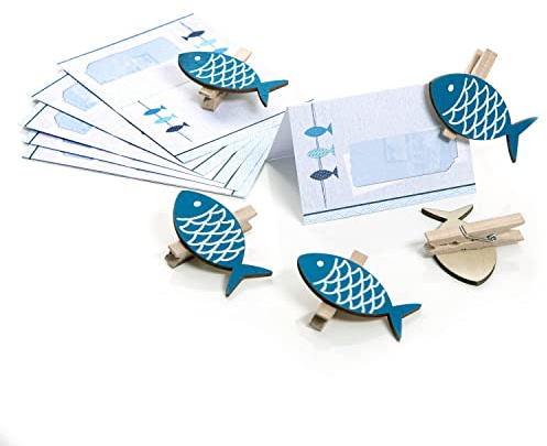 Logbuch-Verlag 12 Tischkarten Kommunion Kinder Taufe Geburtstag blau weiß mit Fische Klammer Namensschilder