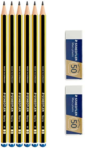 Staedtler Noris 120 H Graphitstift - Set mit 6 Bleistiften + 2 Radiergummis Mars plastic Staedtler