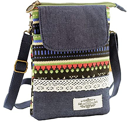 Piccola borsa a tracolla in tessuto, per donne e ragazzi, in cotone, stile bohémien, stile indio etnico, look patchwork con pizzo, Colorato 3 (cerniera verde), taglia unica