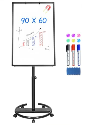 maxtek Flipchart Ständer 90 x 60 cm, Magnetisches Whiteboard auf Rollen | Schwarzer Aluminiumrahmen Flipchart Papier, Höhenverstellbar, Trocken Abwischbar, Inkl. Radierer, Markern, Magneten