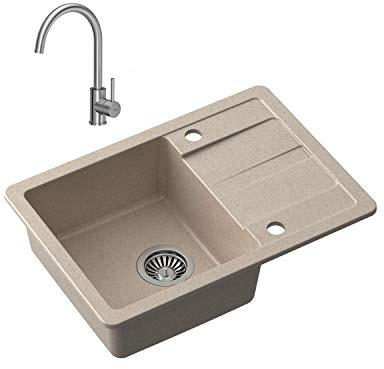 VBChome Spülbecken mit Armatur Beige 62 x 44 cm Granit Einzelbecken Einbauspüle Abtroffläche gesprenkelt reversibel Verbundspüle Küchenarmatur + Siphon + Spülmittelspender