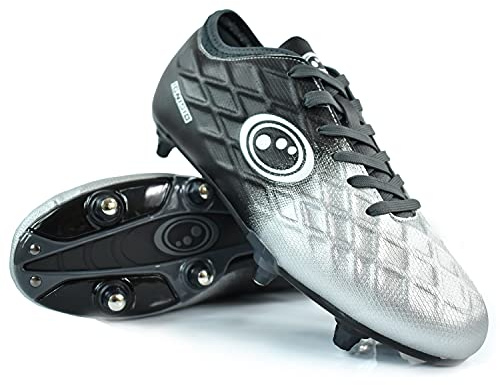 Optimum Ignisio - Scarpe da calcio per adulti e ragazzi, con 6 tacchetti, tacchetti da calcio con lacci, borchie modellate in pelle PU, vestibilità comoda per erba e erba astrica, Nero argento, 4 UK