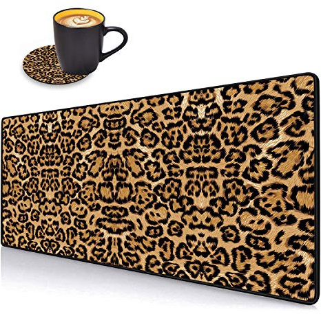 Schreibtischunterlage, Gaming-Mauspads mit Untersetzer-Set, genähte Kanten, XXL-Mauspad für Laptop, Computer, Leopardenmuster, Schreibunterlage für Büro und Zuhause, 80 x 30 cm