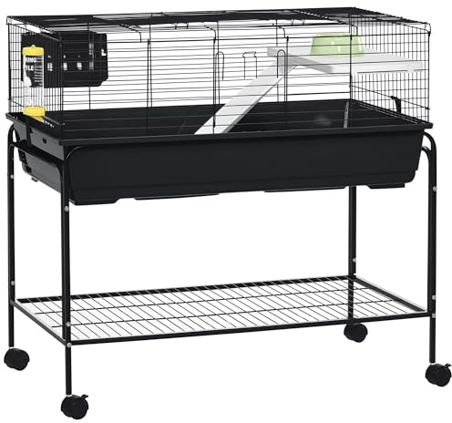 PawHut Two-Story Small Animal Cage Removable from Stand, Guinea Pig Cage with Shelf & Wheels, Pet Habitat for Hedgehog, Chinchilla, Ferret, 39 x 20.5 x 36.5, Black