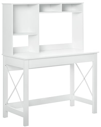HOMCOM Bureau avec Rangement bibliothèque 105 x 50 x 137,5 cm Blanc | en Bois Moderne, avec Étagères Et Grand Plateau, pour Petits Espaces, Maison Chambre à Coucher