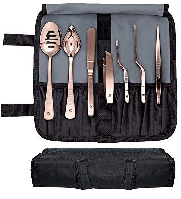 DOJA Barcelona | Kueche Chef Kochutensilien | Farbe: Kupfer | 7 Utensilien Edelstahl Plating Kit | Kuechen-Werkzeug Koch Set | Deko Garnieren Gadgets | Pinzette, Schlitz, Loeffel, Spachtel Spatel...