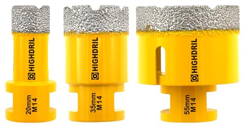 HIGHDRIL Punta per Trapano Diamantata - 3 Pezzi 20/35/55mm con Filettatura M14 Foratura Secco per Piastrelle in Porcellana Ceramica Granito Marmo Pietra Mattoni per Smerigliatrici Angolari