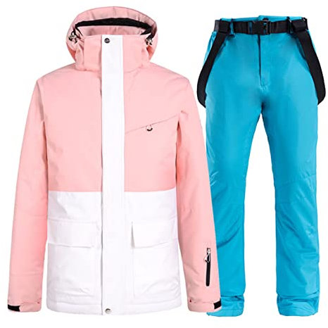 DZQUY Damen Skianzug Set 2-Teiliges Winter-Schneeanzug-Outfit-Set Wasserdichtes Winddichtes Dickes Skijacken-Set Outdoor Fleecejacke Berg Skijacke Warme Windjacke,Rosa,XXL