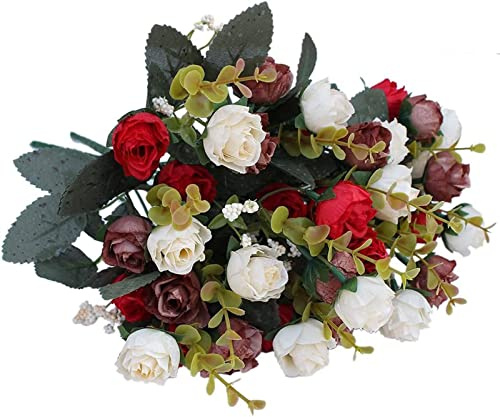 powomuge Künstliche Rosen Blumen-7 Zweige 21 Rosen Kunstblumen Wie Echt für Hochzeit,Heim Deko Blumen(2 Stuck) (Rot)