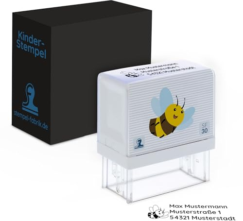STEMPEL-FABRIK Kinderstempel Biene, Namensstempel personalisiert | Namensstempel & Adressstempel für Kinder mit Biene-Motiv, für Schule & Kindergarten, selbstfärbend, 47x17 mm