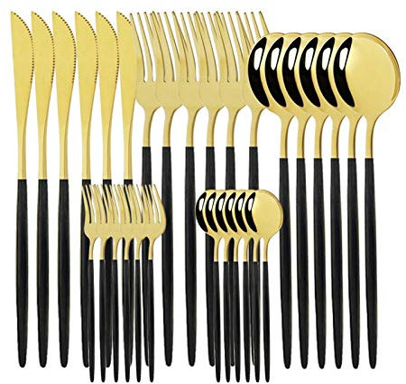 Geschirr Set 18/10 Edelstahl 30 stücke Grün Gold Besteck Set Geschirrmesser Salat Gabel Löffel Besteck Set Spülmaschine Safe essgeschirr (Color : Black Gold)