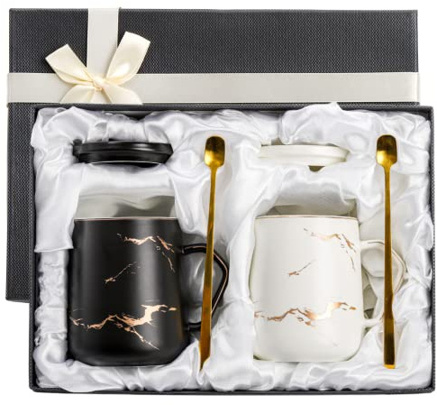 ZENFUN 2 Pack Ceramic Coffee Mugs with Gift Box, 14Oz/400ml Porcelain Mugs Set with Lid and Gold Spoon, Luxury Marbling Black and White Couple Mugs Gift for Men Women, Tea, Milk, Office and Home