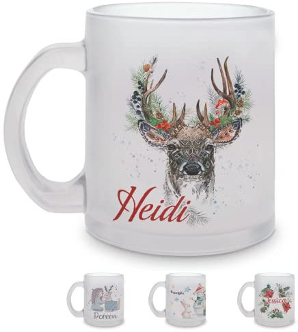 GRAZDesign Personalisierte Weihnachtstasse aus Glas, mit Weihnachts-Motiv, Kaffeebecher, Teetasse mit Namen, Als Geschenk zu Weihnachten (Hirsch)
