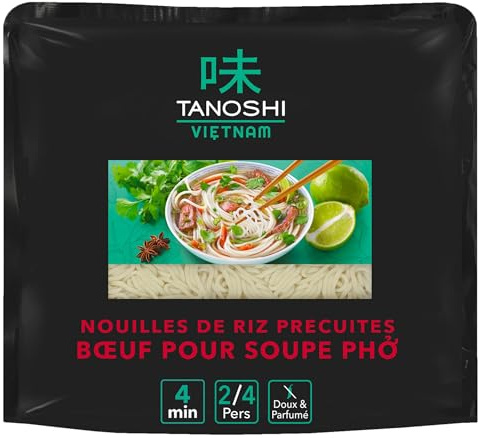 TANOSHI VIETNAM - Nouilles De Riz Précuites Saveur Pho Bœuf - Plat Traditionnel Vietnamien Composé de Nouilles de Riz - Bouillon Parfumé, d'Herbes et de Bœuf - prêt en 2 min !
