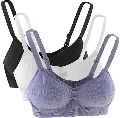 Anntry Tonårsflickor bomulls-BH andningsbara underkläder bygelfri sport-bh med justerbara remmar träningsbralette för kvinnor flickor (förpackning med 3)