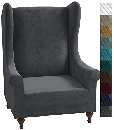 XINEAGE 1 Piece Velvet Wingback Chair Slipcover Stretch Wing Chair Cover Non Slip Furniture Protector with Foam Rods for Living Room (Wingback Chair, Grey)