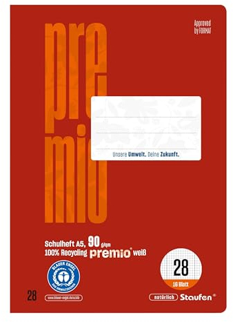 Staufen premio Schulheft - 10 Hefte je 16 Blatt, DIN A5, Lineatur 28 (5mm kariert m. Randlinie), 90 g/m² Recyclingpapier, runde Ecken verhindern „Eselsohren“