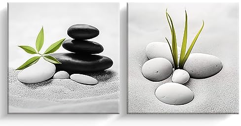 LZIMU Zen Bild auf Leinwand 2 Stück graue Steine grünes Blatt auf dem Sand Leinwand Bild Badezimmer Kunstwerk Wanddekoration Gerahmt (2, 25.00x25.00cms x2)
