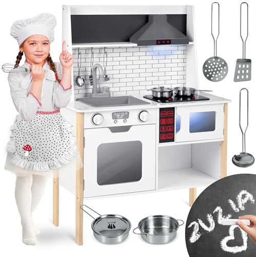 Ricokids - Kinderküche - für Kinder, Mädchen - aus Holz - mit echten Funktionen - Digitales Bedienpanel - mit Licht und Sound, Kochgeräuschen - Interaktives Spielzeug - mit Zubehör, Kreidetafel - Weiß