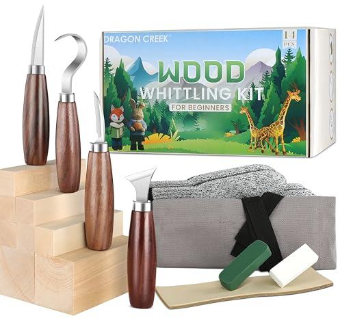 Dragon Creek Werkzeuge für die Holzschnitzerei -17teil, hochwertiges Kindermesser Schnitzset inkl.schnittfeste Handschuhe, 8 Stück Holz, 4 Kinderschnitzmesser, Schnitzwerkzeug Set für Anfänger