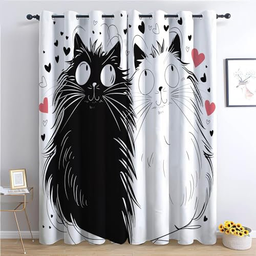 CozyRest Kinder Vorhänge Tier langhaariges Katzenpaar Haustier Ösen Gardinen mit Blickdichte Thermo Vorhang Kälteschutz Blackout Curtain Kinderzimmer Schlafzimmer Ösenvorhang H 260 x B140cm x2