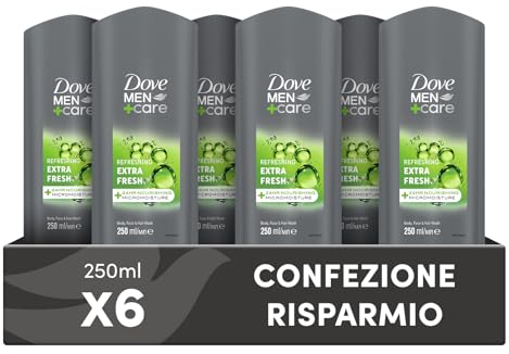 Dove, Dove Men+Care Duschgel für Herren, 3-in-1, feuchtigkeitsspendend, für Körper, Gesicht und Haare, mit MicroMoisture-Technologie, spendet 24 Stunden Feuchtigkeit, 6 Stück à 250 ml