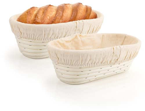YKUKIZEE 2 Pcs Oval Bread Proofing Basket 25x15x8 cm, Rattan Banneton Proofing Basket, Sourdough Proving Basket Handmade Brotform Bowl with Cloth Liner