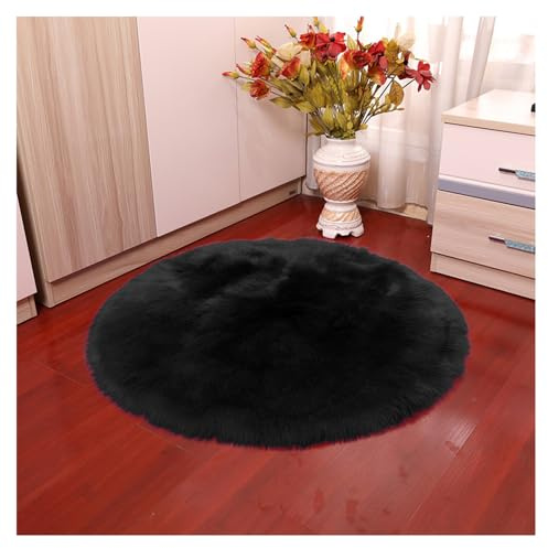 Faux Lammfell Schaffell Runder Teppich 60*60cm Schwarz Flauschig Kunstfell Teppich Longhair Fell Weiche Nachahmung Wolle Bettvorleger Sofa Matte Rutschfester Waschbarer Plüsch Fußmatte Heim Deko