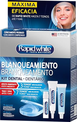 Rapid White, Kit de Blanqueamiento Dental con 2 Moldes Ajustables, Acelerador, Gel y Pasta de Dientes Blanqueadora, Hasta 7 Tonos Más Blancos en 1 Semana, Sin Peróxido de Hidrógeno