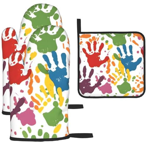 YYHWHJDE Kitchen Baking Set of 3 - Insulated Gloves and Pot Lid Pad for Oven and Grilling Kids Hand Print