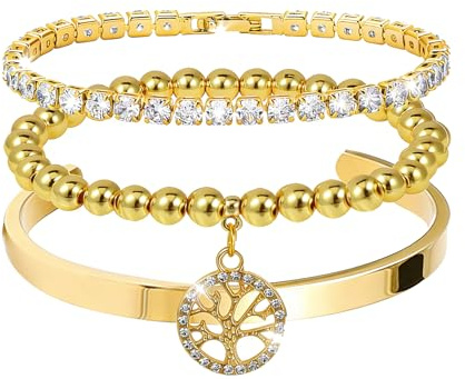 MILAKOO Brazalete de acero inoxidable chapado en oro y plata para mujer, pulsera de eslabones finos con capas de tenis, regalo de cumpleaños, 17 cm, Acero inoxidable, No es una piedra preciosa