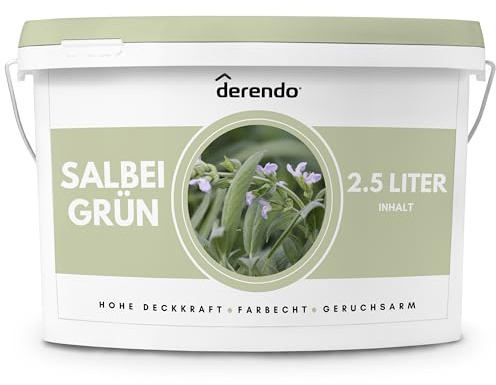 derendo Wandfarbe Grün Salbeigrün hohe Deckkraft Innenfarbe matt 2,5l | Für Wände, Decken, Putz, Tapete Altanstriche, hohe Deckkraft, geruchsarm, tropfgehemmt einfache Anwendung hohe Ergiebigkeit
