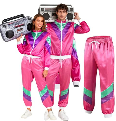 Funnity 80er 90er Jahre Outfit Herren Damen, Retro Trainingsanzug, Rot(L)