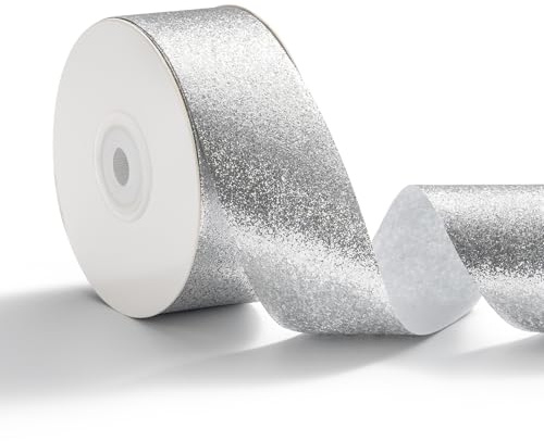 AOKSUNOVA Geschenkband Hochzeit Schleifenband Glitzer Dekoband Silber | Geschenkband für Hochzeit, Glitzerndes Metallic Schleifenband als Dekoband für Geschenkverpackung und Festliche Dekoration