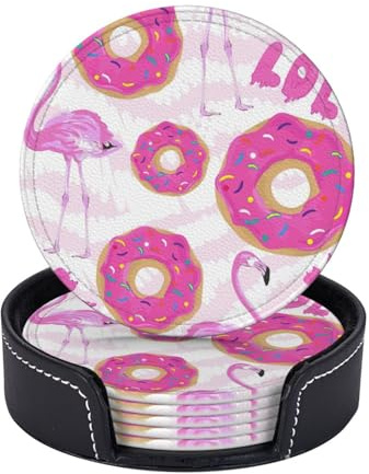 Sottobicchieri in pelle con stampa di fenicotteri e ciambelle, set da 6 sottobicchieri rotondi con supporto per bicchieri, decorazione da tavolo