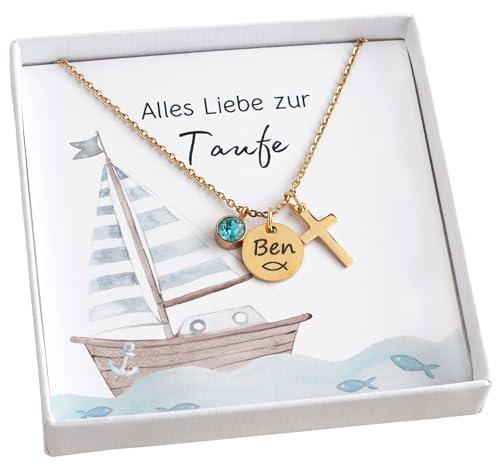 Kette mit Kreuz Gold Silber Taufkette Junge Mädchen Kreuzkette Namenskette mit Gravur Geschenk Taufe Kommunion Konfirmation Taufgeschenk Patenkind