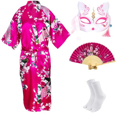 CRFASIBE Kimono Donna in Stile Giapponese con Stampa Pavone, Ispirato allo yukata, Set Completo con Maschera, Ventaglio e Calzini, Ideal per feste a tema e Carnevale(Rosso Rosa,3XL)