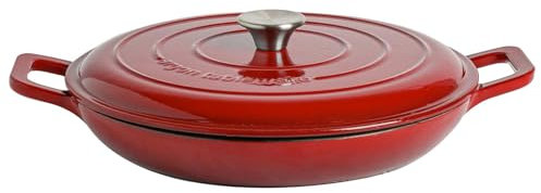 Argon Tableware 2.3L Shallow Cast Iron Casserole Dish with Self-Basting Lid - Red Ombre - 2.3L & 4.68L Induction Hob Cooking 2.43QT Dutch Oven Bread Baking Serving Roasting Stew Stock Pot Cookware Pan