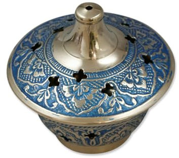 LivuX Cuenco de incienso de latón pintado en azul, 8 x 8 cm, con rejilla – Cuenco de incienso para incienso, incienso y resinas – Modo de funcionamiento de carbón 1094