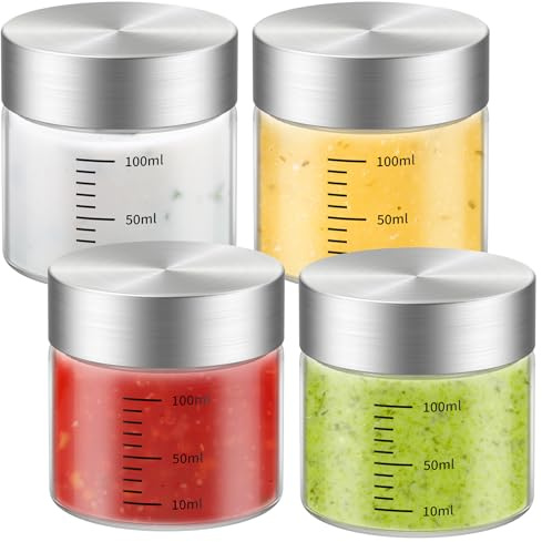 CWHHRN 4 Oz Glass Bottles, 4 Pack Glass Jar with Lid, BPA Free, Borosilicate Glass, Stainless Steel Lids for Juicing, Smoothies, Infused Water, Beverage Storage