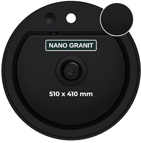 SINK QUALITY Spülbecken Rund alles Schwarz Ø 51 cm - Siphon Schwarz und Imprägniermittel inkl. - Küchenspüle Rund aus Granit - Granitspüle für Unterschränke ab 55 cm Breite - Einbauspüle Granit