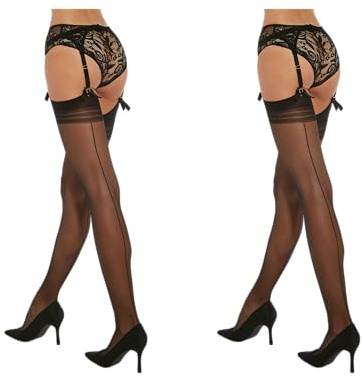 Fiore – Sexiga, transparenta nylonstrumpor med söm för kvinnor, för användning med en höfthållare i voile 20 DEN – storlekar S, M, L, XL, XXL, Svart 2-pack, S