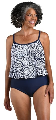 Maxine of Hollywood Women's Scoop Neck Faux Tankini One Piece Swimsuit, Indigo, 14