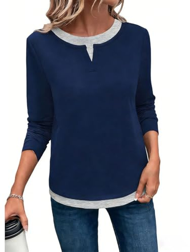 ROFUSSO Camiseta de Cuello Redondo y Manga Larga para Mujer Sudadera Básica de Otoño Top Informal de Manga Larga y Tejido Suave(Azul Marino,XXL)