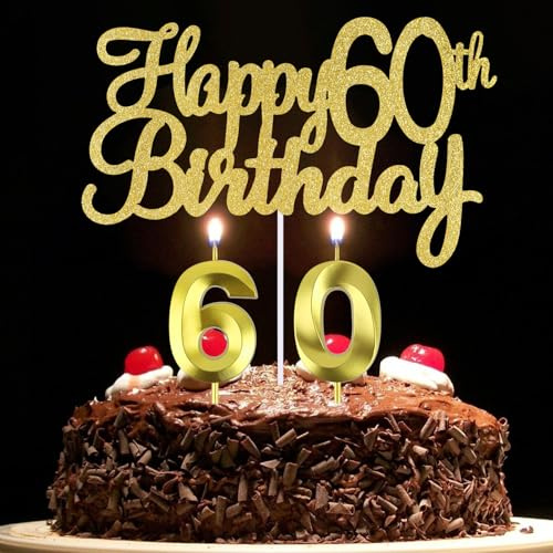 Happy 60th Birthday Cake Topper + 60 th Birthday Candles, 60 Cake Topper Number 60 Candles for Cake, 60th Birthday Cake Decorations for Men and Women (60)