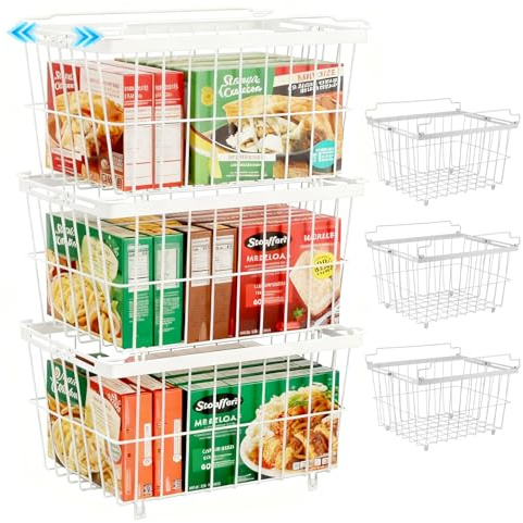 3 Pack Chest Freezer Baskets - Stackable & Extendable Freezer Organiser, Universal Storage Basket Pantry with Handles for Kitchen Cabinets Pantry, Sort Frozen Foods and Save Space, Easy to Get Items