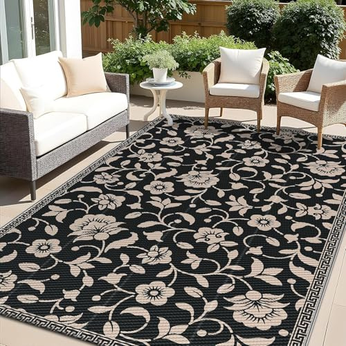 smiry Alfombra de jardín impermeable para exteriores, resistente a los rayos UV, alfombra reversible de paja de plástico para balcón, camping, picnic, patio trasero, 120 x 180 cm, negro y beige, flor