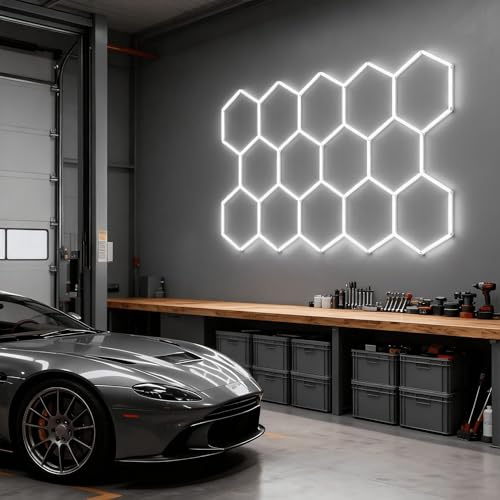 LZQ LED Hexagon Deckenleuchte, Wabenform LED Panel Lampe 14 Hexs, DIY Wabenbeleuchtung für Garage, Werkstatt, Büro, Lager, Fitnessstudio, Deckenlampe PVC Hexagon LED Licht, ohne Rechteck